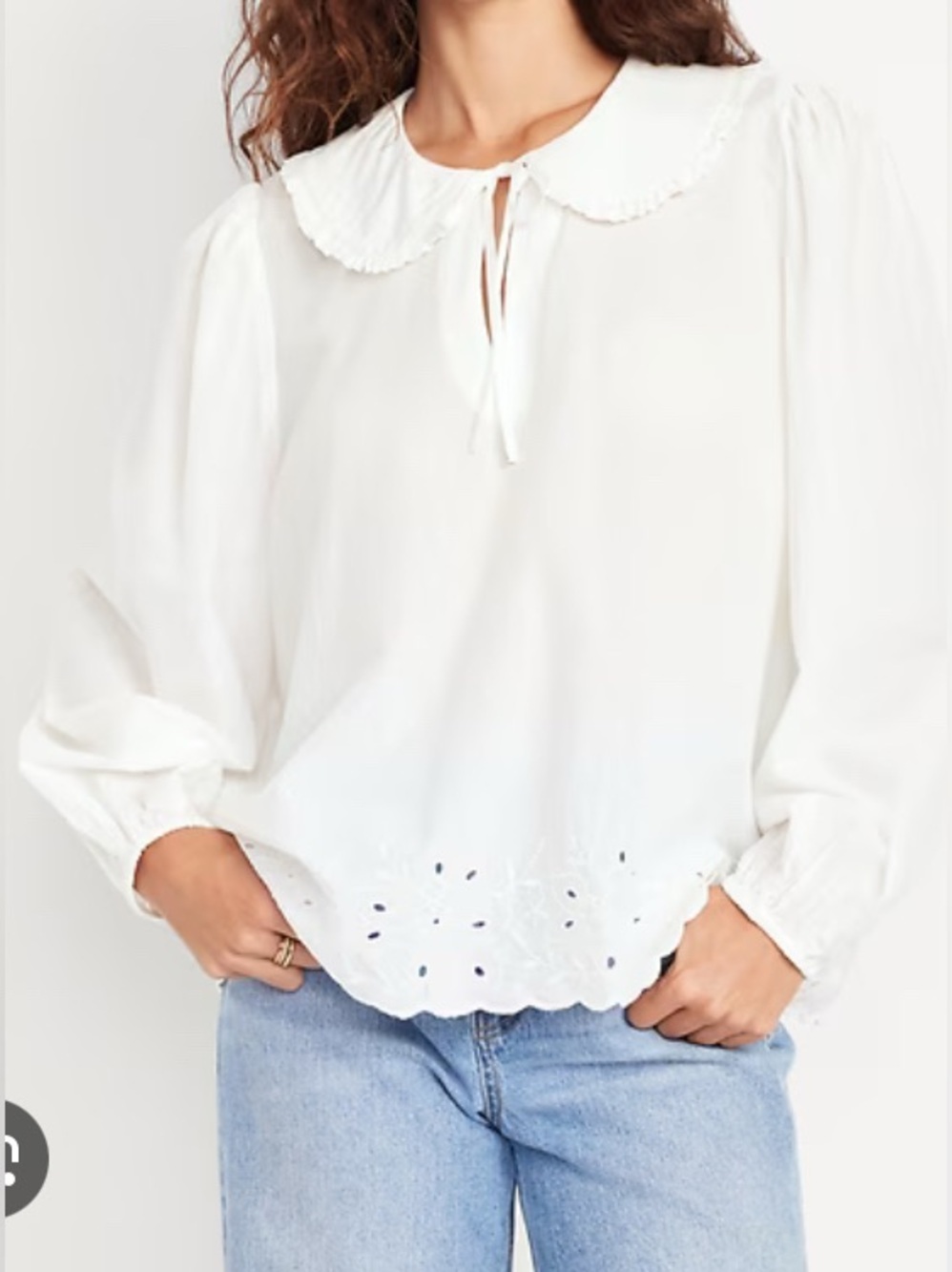 White peasant blouse Peter Pan collar eyelet lace hem split neck with tie cotton